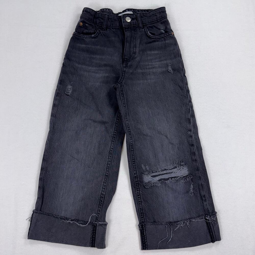 Zara Kids Girls Distressed Wide Leg Jean Size 9 Washed Black Gray